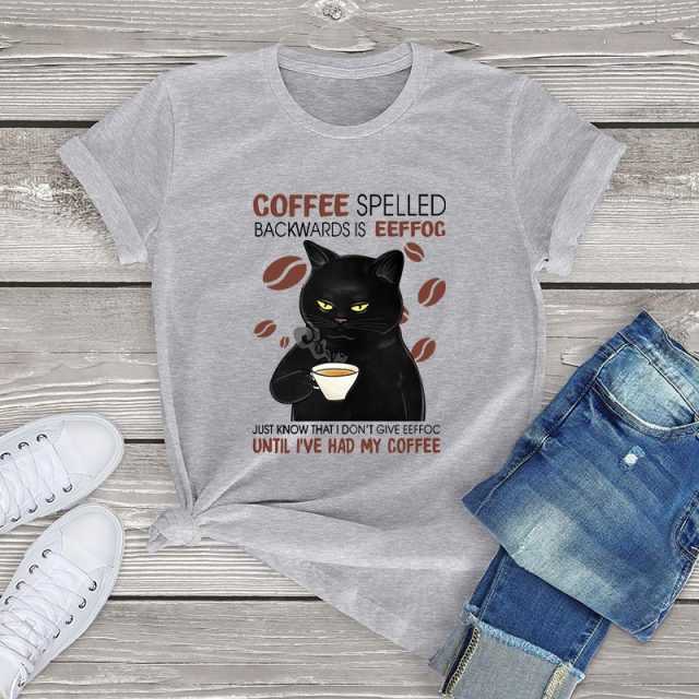 Women's T-shirt with grumpy black cat and humorous coffee quote