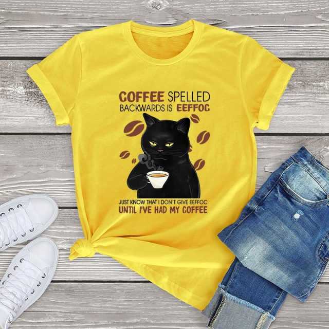 A Funny black cat holding a coffee cup design on a woman's T-shirt with quote coffee spelled backwards is eeffoc