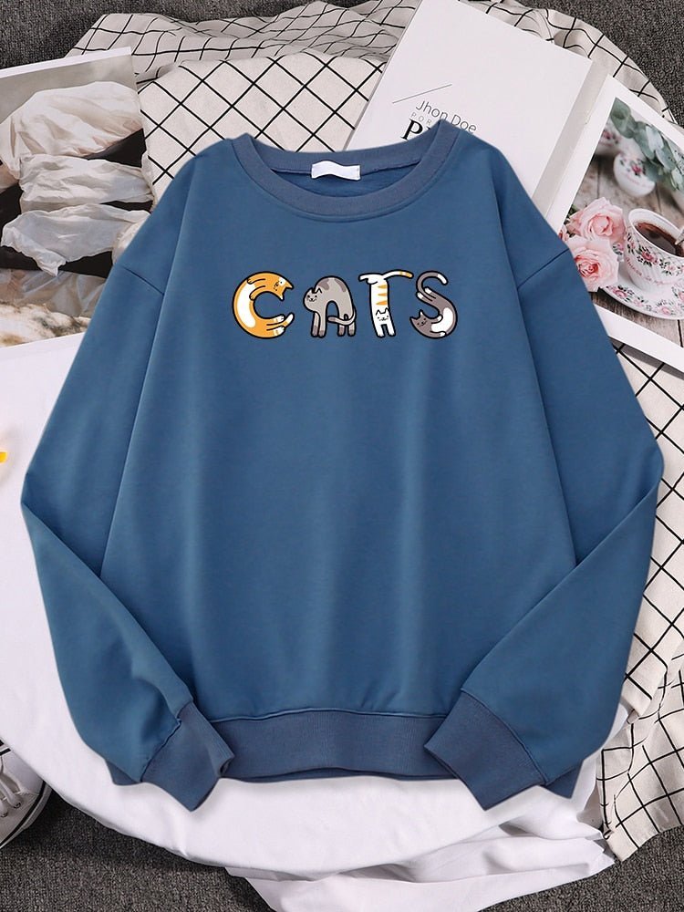 a blue color cat sweatshirts for humans with cute cats letters