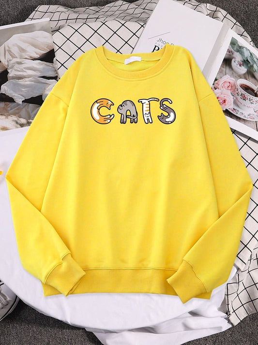 a yellow color cute cat mom sweatshirt with the cat letters