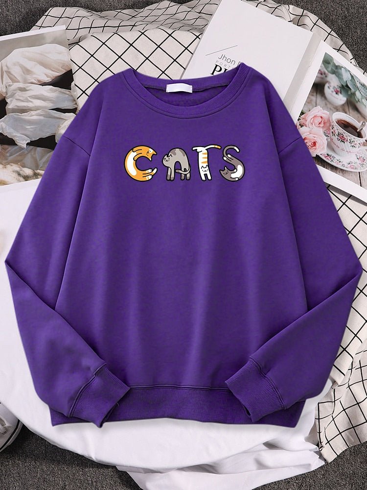 a purple color cat pattern sweater with cute cats letters