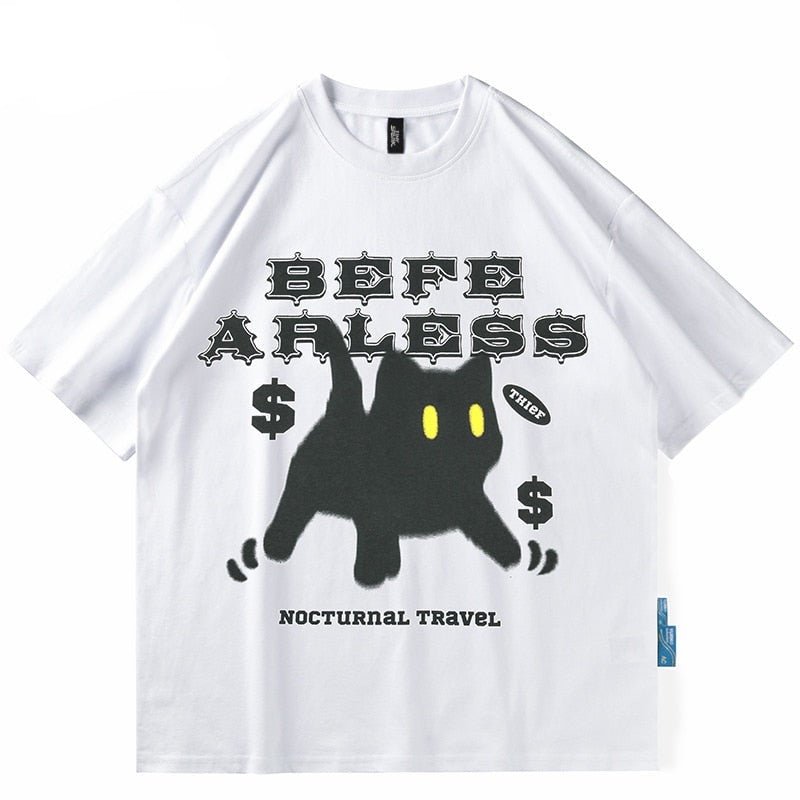 shocked cat face shirt in white color with be fearless words
