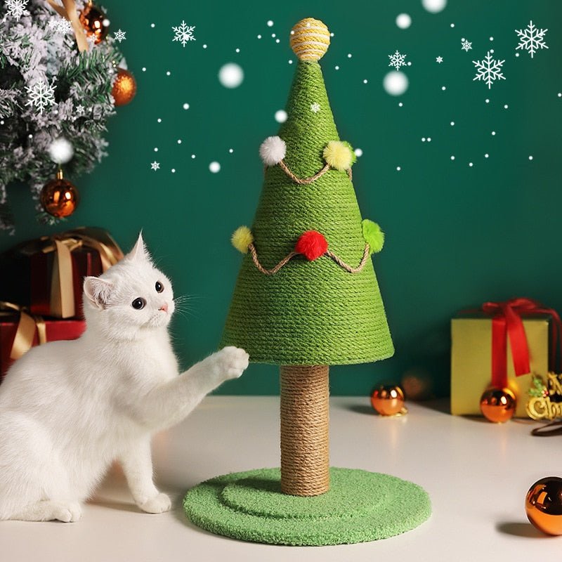 cute cat with christmas tree scratching post