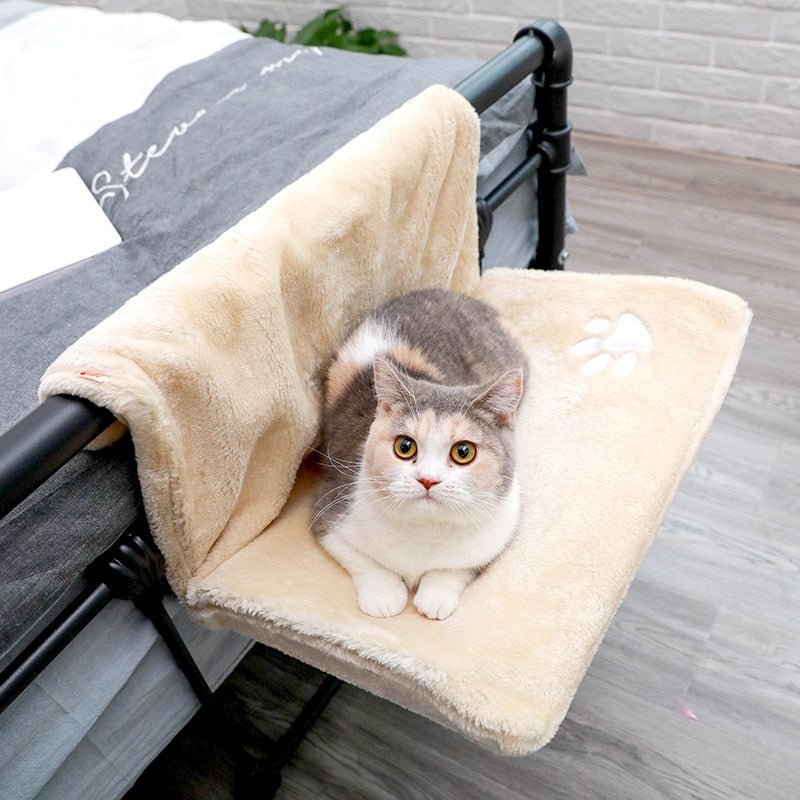 cute hammock for cat that can be attached to bed in beige color
