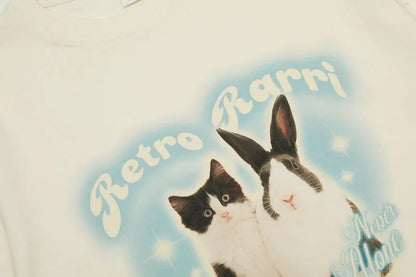 Beige Retro Y2K Rabbit And Cat T Shirt