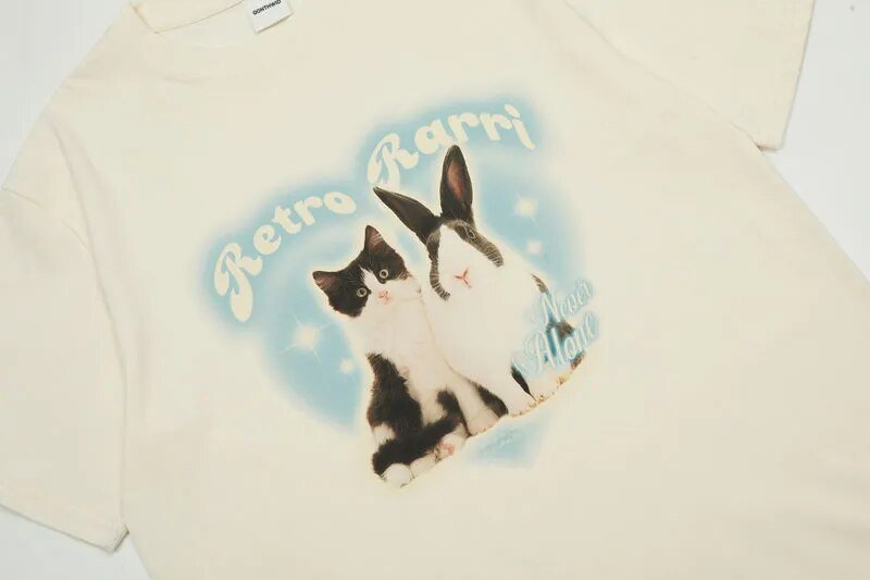 Timeless Companions  Retro Y2K Rabbit & Cat Heartfelt Tee – Meowgicians™