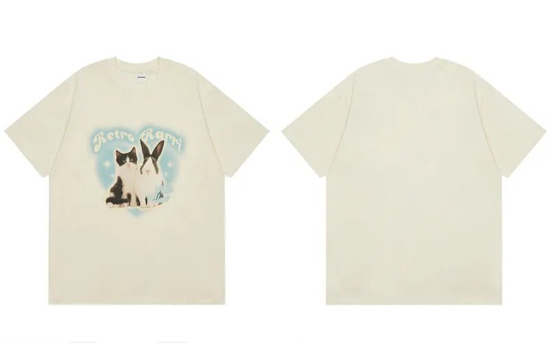 Full view of the beige tee showcasing Y2K cat and rabbit friendship