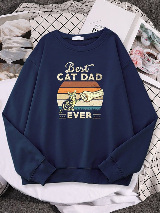 a navy blue cute cat sweaters for cat dad featuring a cat fist bumping with human