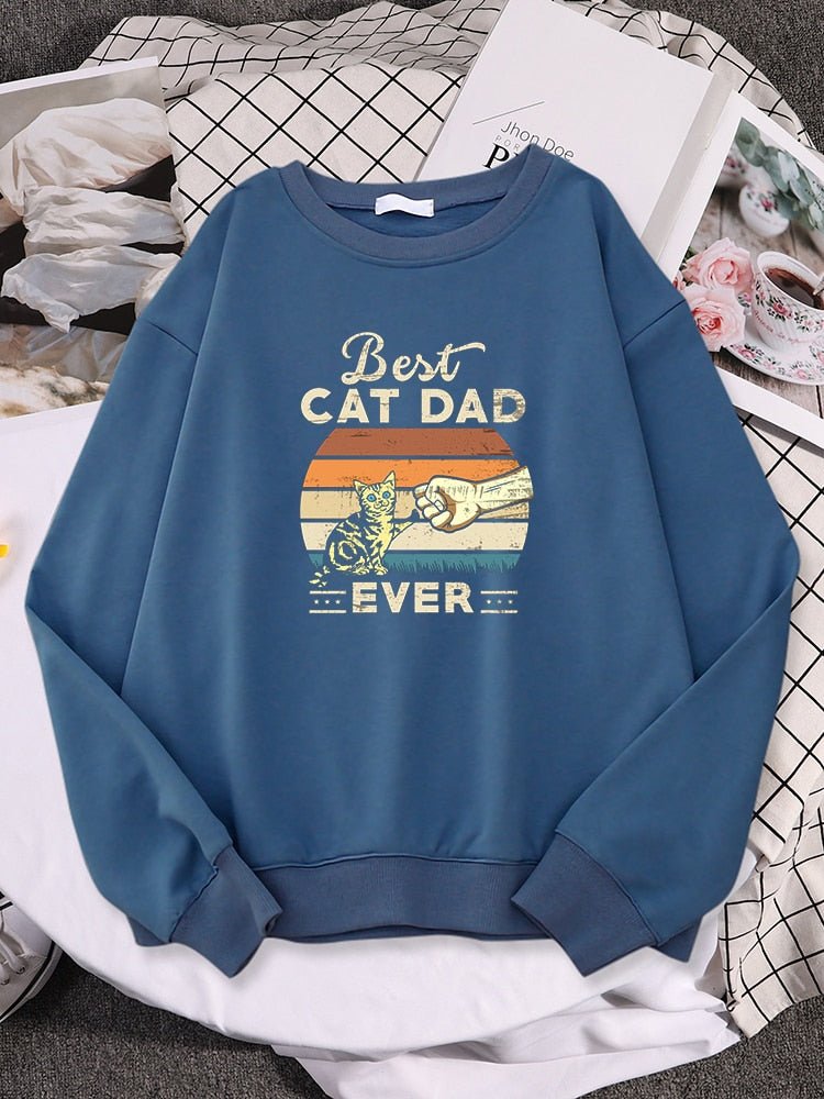 a blue cat print sweaters saying best cat dad ever