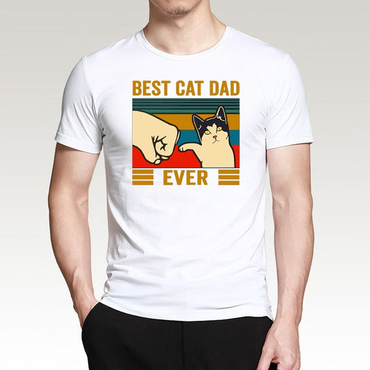 a man is wearing a white cat print shirt for cat dad showing a cat giving a fist bump to the owner