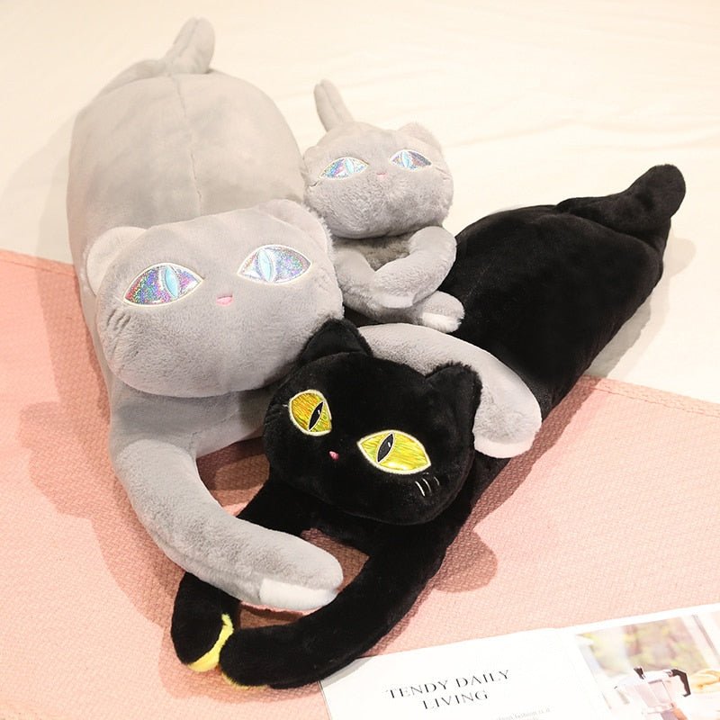 Get Cozy with Our Long Cat Plush | 'Black & Gray Big Eyes Loafing