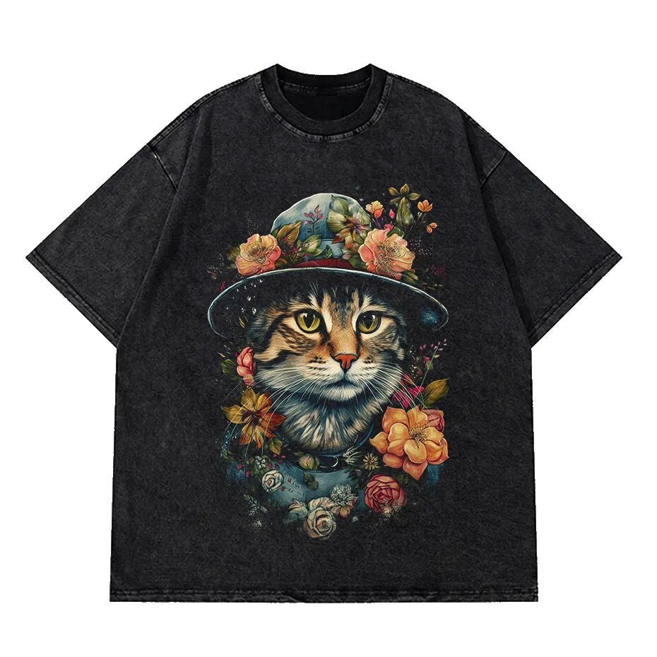 Full view of black vintage t-shirt showcasing sophisticated gentleman cat looking sideway with flowers coming out of the hat and clothes  design for men