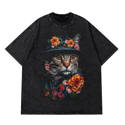 Full view of black vintage t-shirt showcasing sophisticated gentleman cat with pink and orange flower design for men
