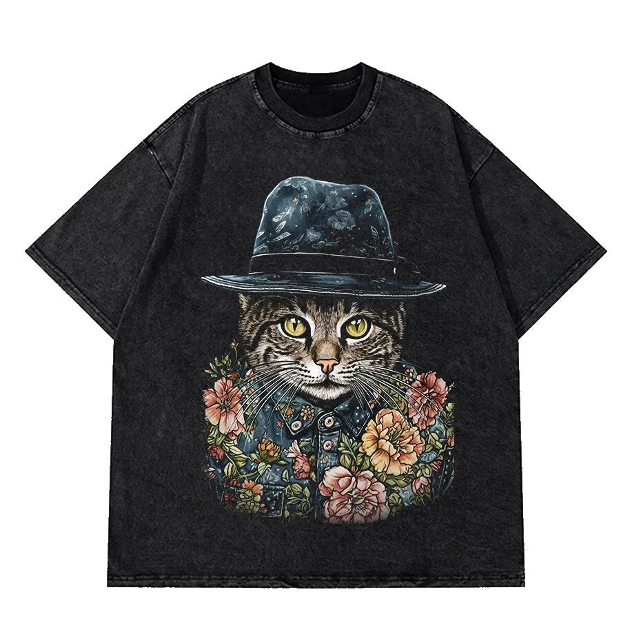 Full view of black vintage t-shirt showcasing sophisticated gentleman cat with feathered pattern hat design for men