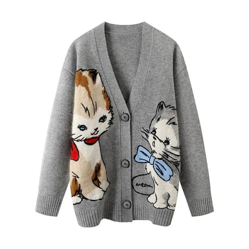 Front view of Blue Bow Tie and Red Scarf Knitted Cat Cardigan in Gray