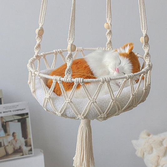 bohemian style hanging cat bed that looks modern and minimalistic