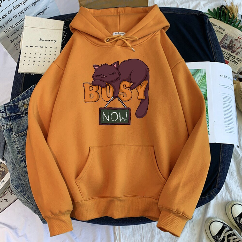 an orange color adorable cat hoodie that looks funny because a brown cat is sleeping on a busy signage while it is obviously not busy at all