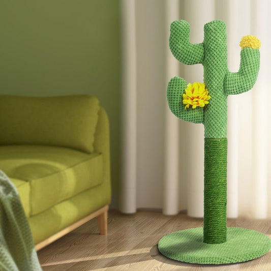 adorable and durable cactus cat scratching post with yellow flowers