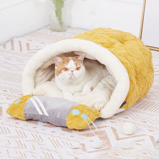 cat bed in yellow color that gives a calming effects to anxious cats and it comes with comfortable pillows