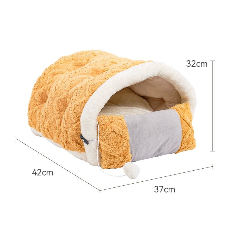 kawaii looking cat bed in yellow color that comes with pillow for cats comfortable sleep