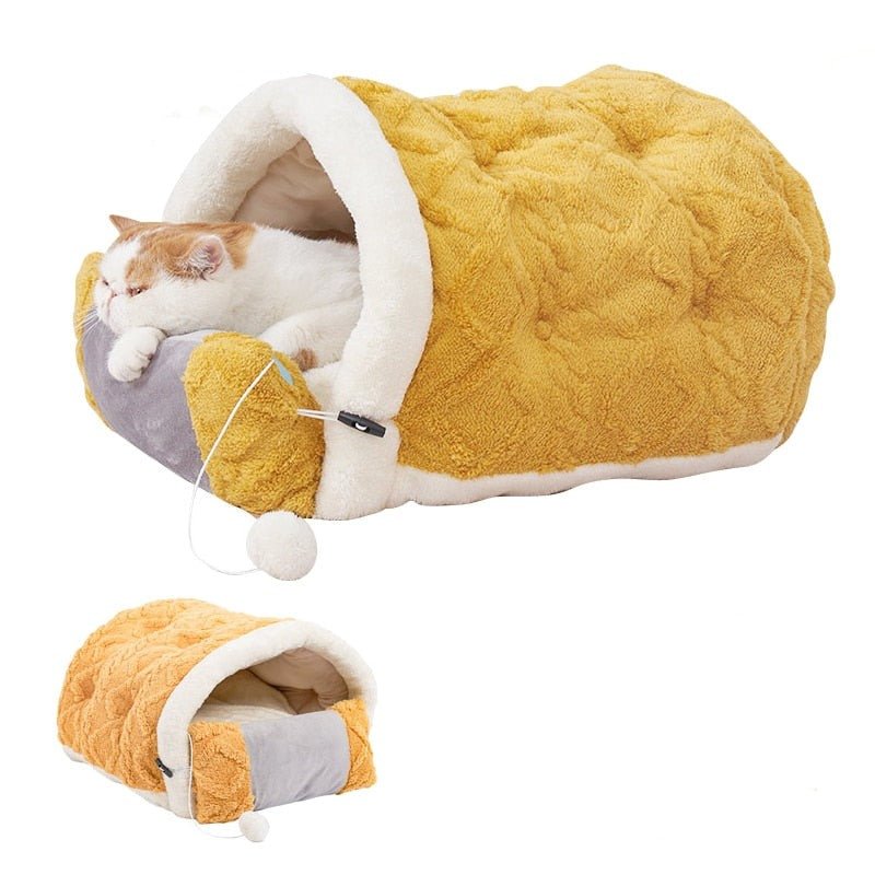 mustard color cat bed that is comfortable with enclosed space for cats to keep them warm