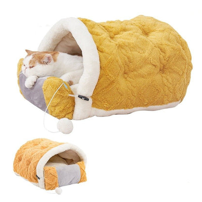 mustard color cat bed that is comfortable with enclosed space for cats to keep them warm