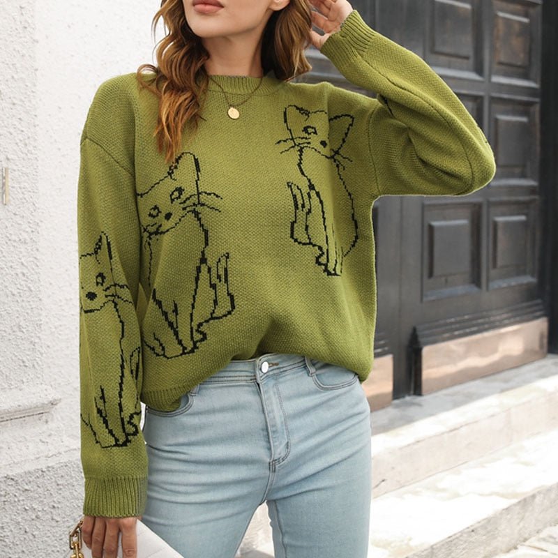 army green stylish womens cat sweatshirt