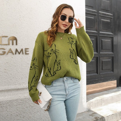 cactus green stylish cat sweater for woman with cute cat designs