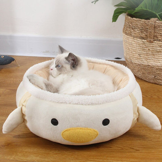 fancy looking cat bed in white color with cute cartoon design made from very soft material
