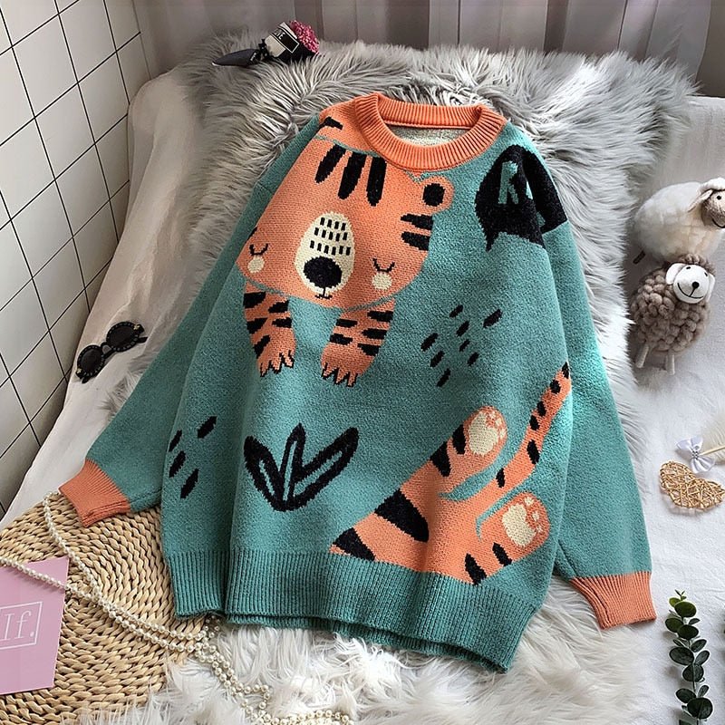 a green color cat lady sweater with cute cat designs
