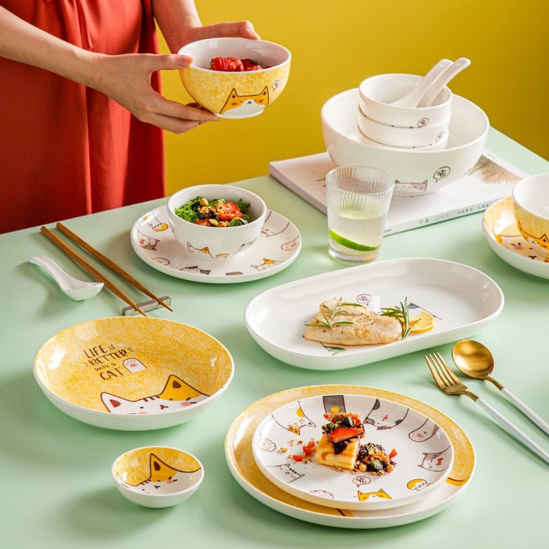 japanese style ceramic cat plates set
