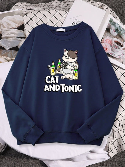a navy blue cute cat sweaters  with picture of a cat drinking tonic drinks