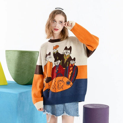 'Cat Family & Taiyaki Snack' Retro Design Japanese Sweatshirt