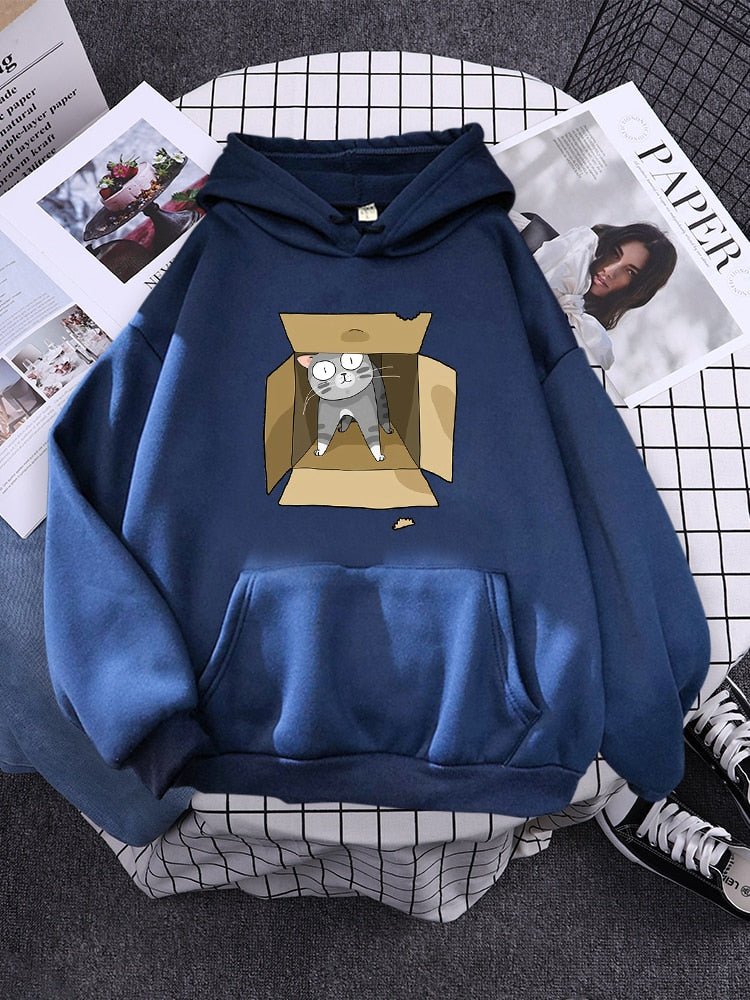 a blue color hoodie with cat in a box design
