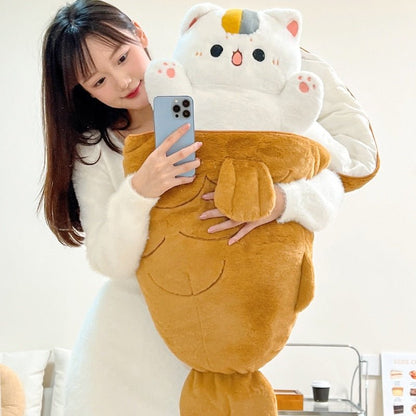 a woman hugging a cute white cat plushie that hiding inside a taiyaki and saying hello to you