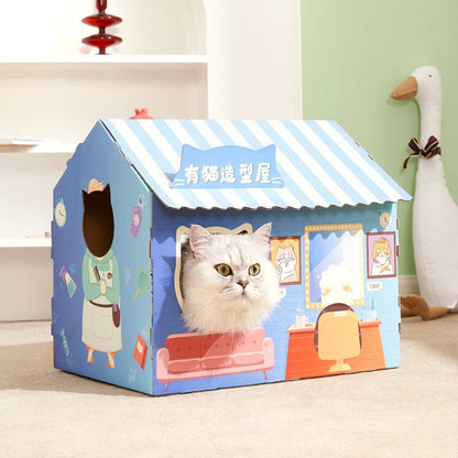 adorable japanese cat bed made by cardboard with colorful barbershop style