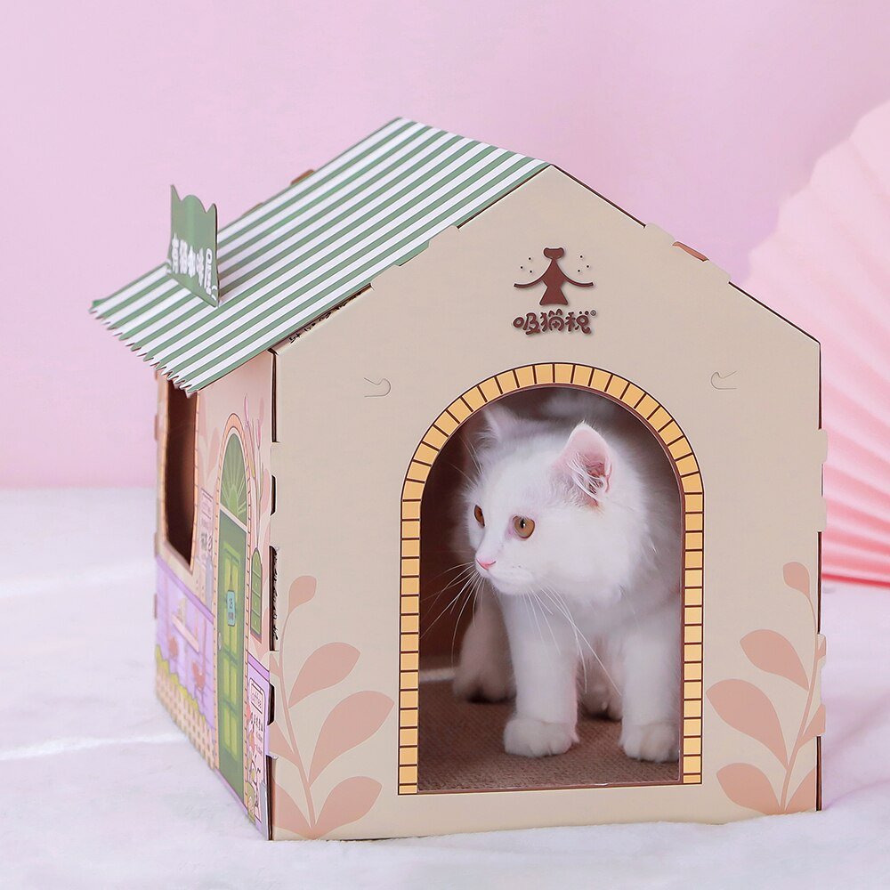 japanese cafe house cat scratcher bed with cardboard inside