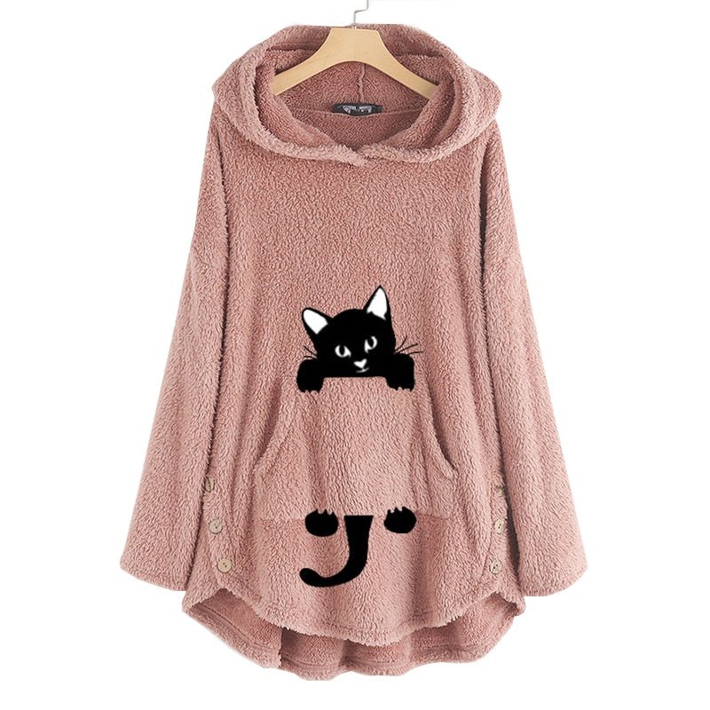 pink color cat hoodie that looks kawaii with a picture of a cat inside the pocket made for women
