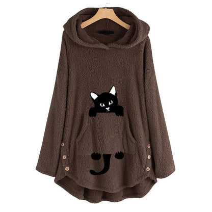 brown color cat hoodie with an illustration of black cat stuck in the pocket that looks cute and adorable