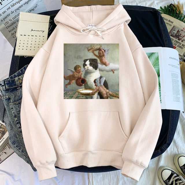 beige color hoodie made for cat lovers featuring a cat with three cupids which looks cute and adorable