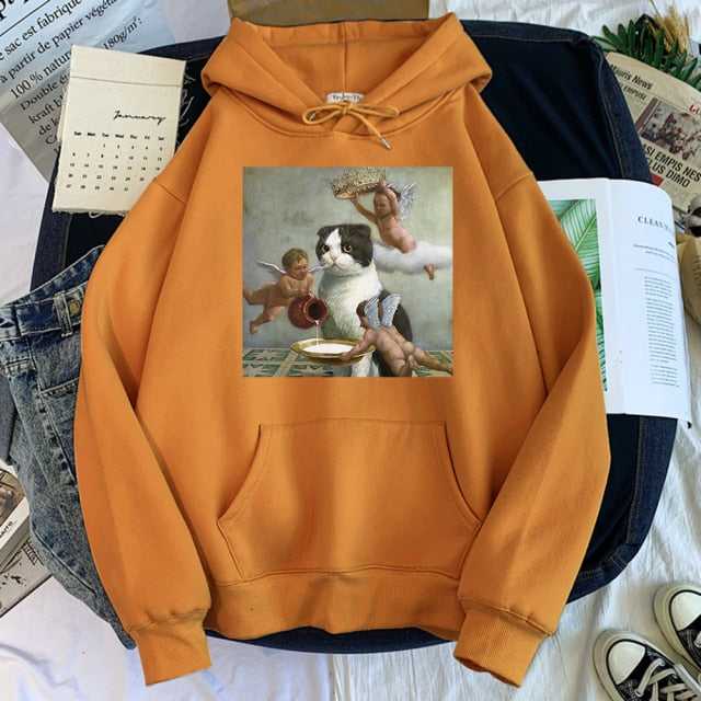 khaki color hoodie with an oil painting of cupids pouring milk and giving a tiara to a cute cat that looks funny