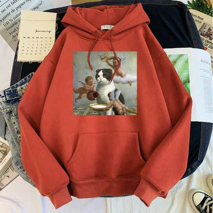 orange color hoodie with an oil painting a a cat and cupids on it