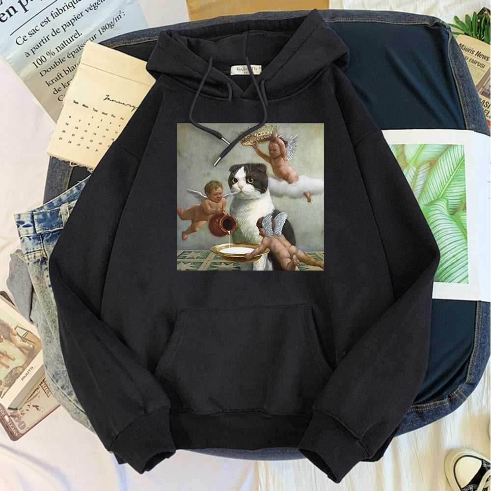 black color hoodie with cat oil painting made for women featuring cupids become the slave of the cat