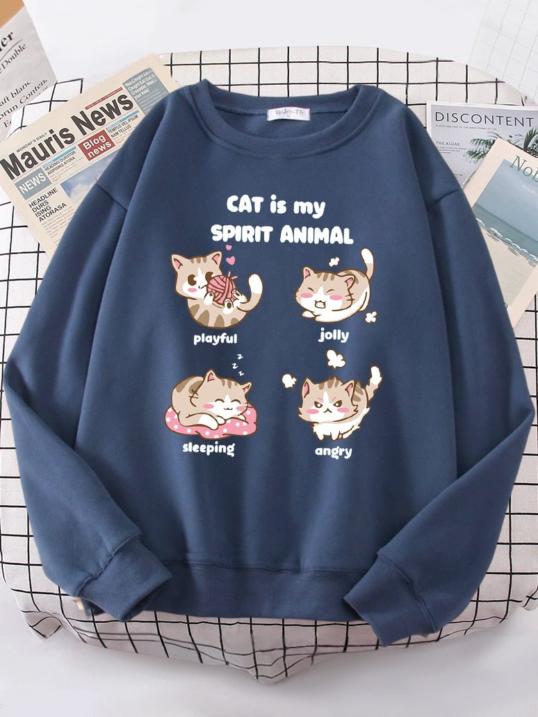 a blue color womens cat sweatshirt with cute cat cartoons