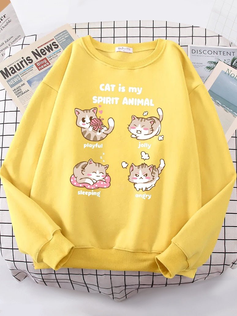 yellow color Adorable Cat Sweatshirt for Women Showcasing Four Cat Moods