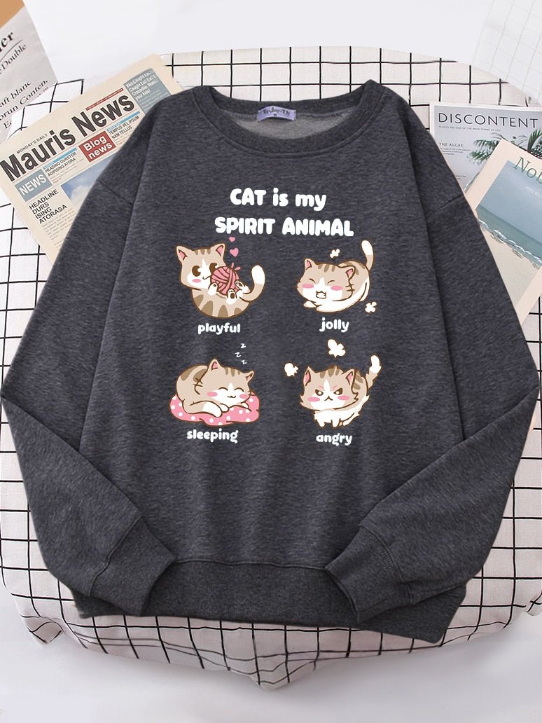 a grey color cat sweaters for humans with cute cat cartoons design