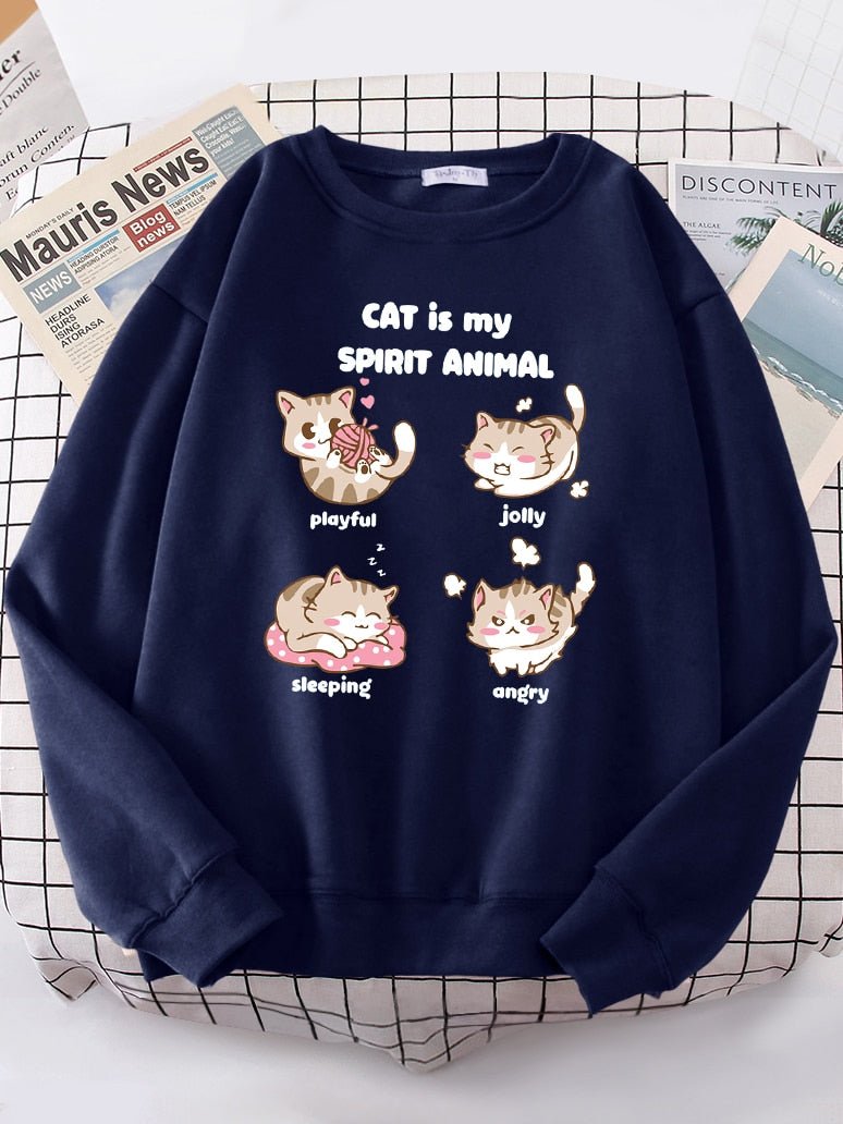 a navy blue sweatshirt with cat cartoons design