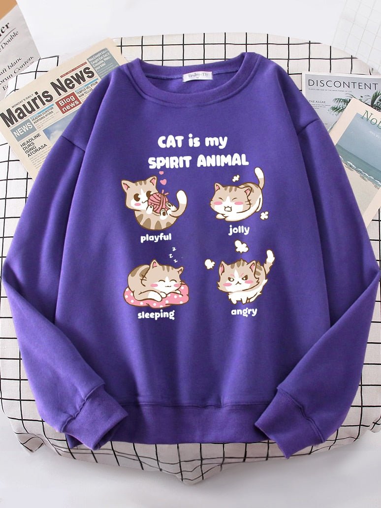 a purple color cat lady sweater with cute cat cartoons