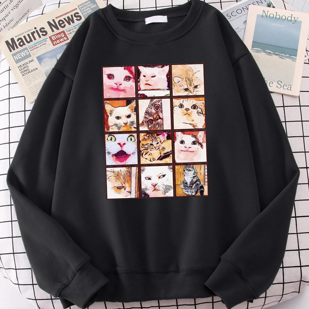 a cute cat sweatshirt with multiple cat memes in black color
