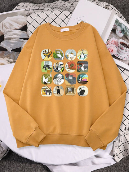 a brown color cute cat sweatshirt with famous cat memes pictures